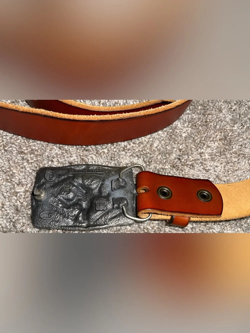 Vintage Pewter Native American belt buckle red turquoise + brown leather belt XL